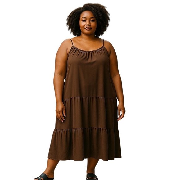 Vonda Tiered Prairie Maxi Dress Chocolate Brown Size 4XL Minimalist Cottage Boho - Picture 1 of 13
